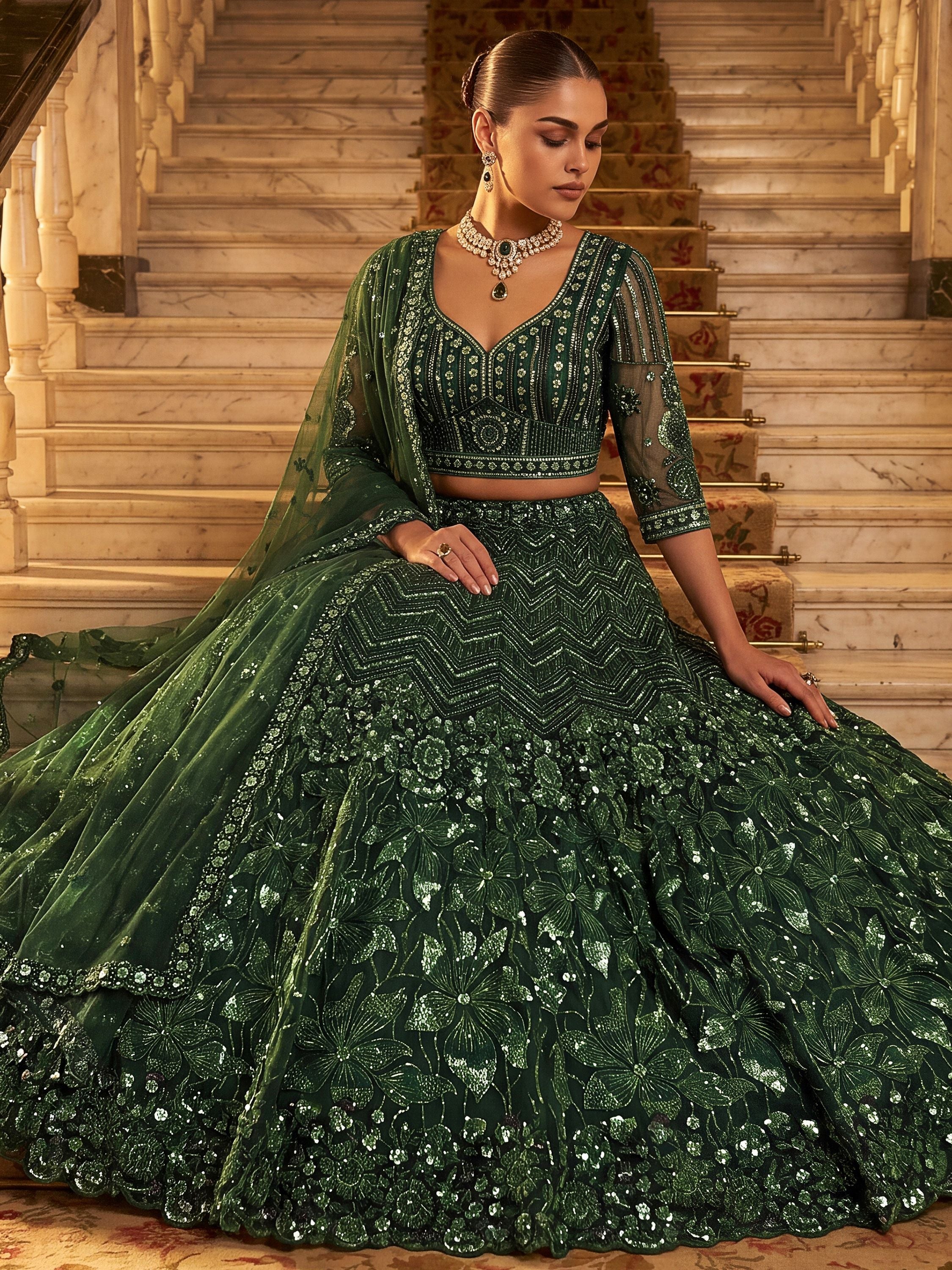 Rich Bottle Green Sequins Net Cocktail Wear Lehenga Choli With Dupatta
