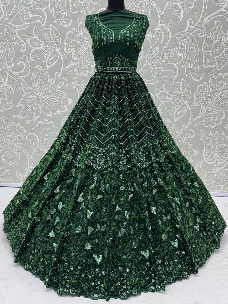Rich Bottle Green Sequins Net Cocktail Wear Lehenga Choli With Dupatta