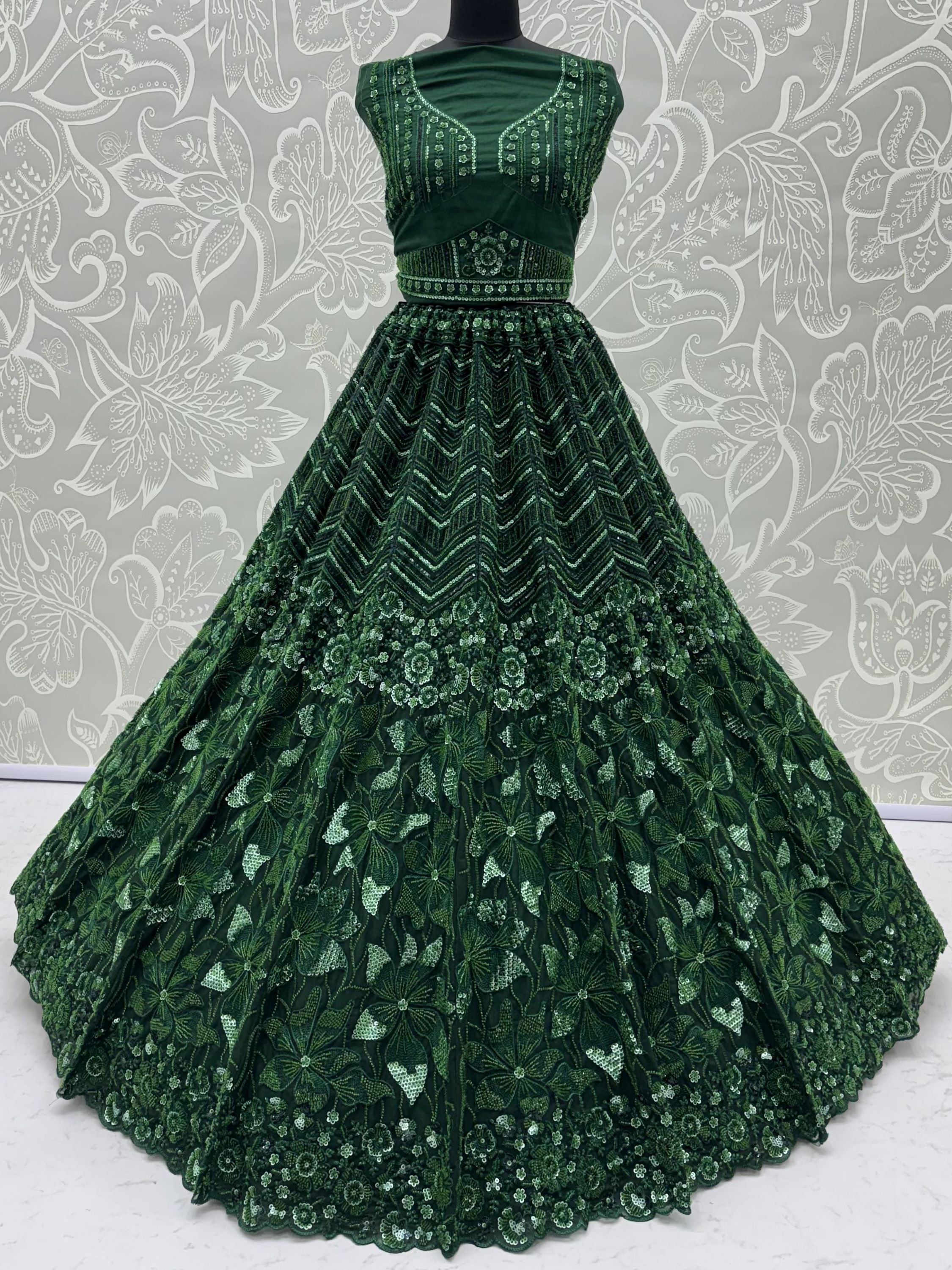 Rich Bottle Green Sequins Net Cocktail Wear Lehenga Choli With Dupatta