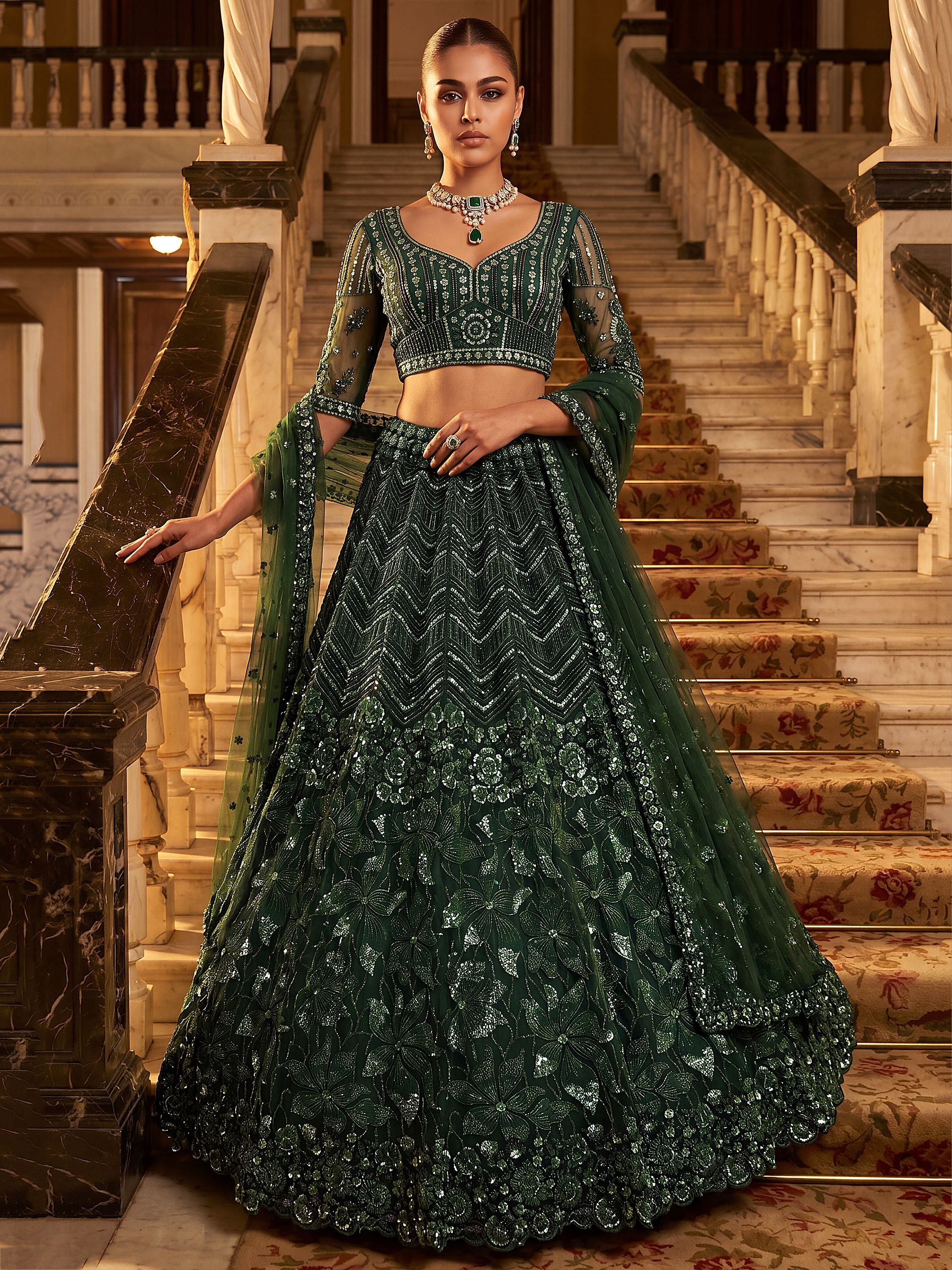 Rich Bottle Green Sequins Net Cocktail Wear Lehenga Choli With Dupatta