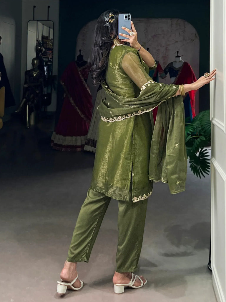 Incredible Olive Green Sequins Organza Mehendi Wear Salwar Suit