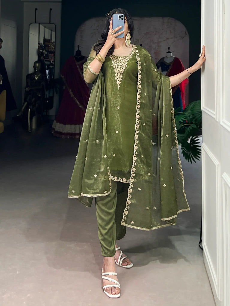Incredible Olive Green Sequins Organza Mehendi Wear Salwar Suit