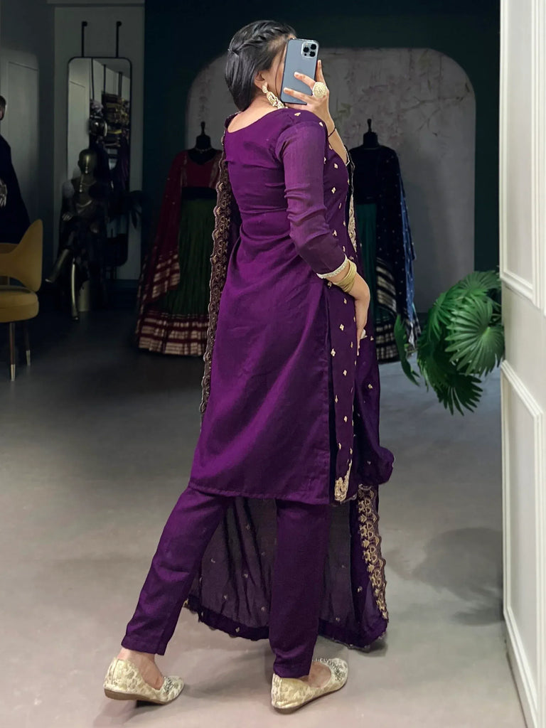 Bewitching Purple Thread Embroidery Silk Traditional Pant Suit
