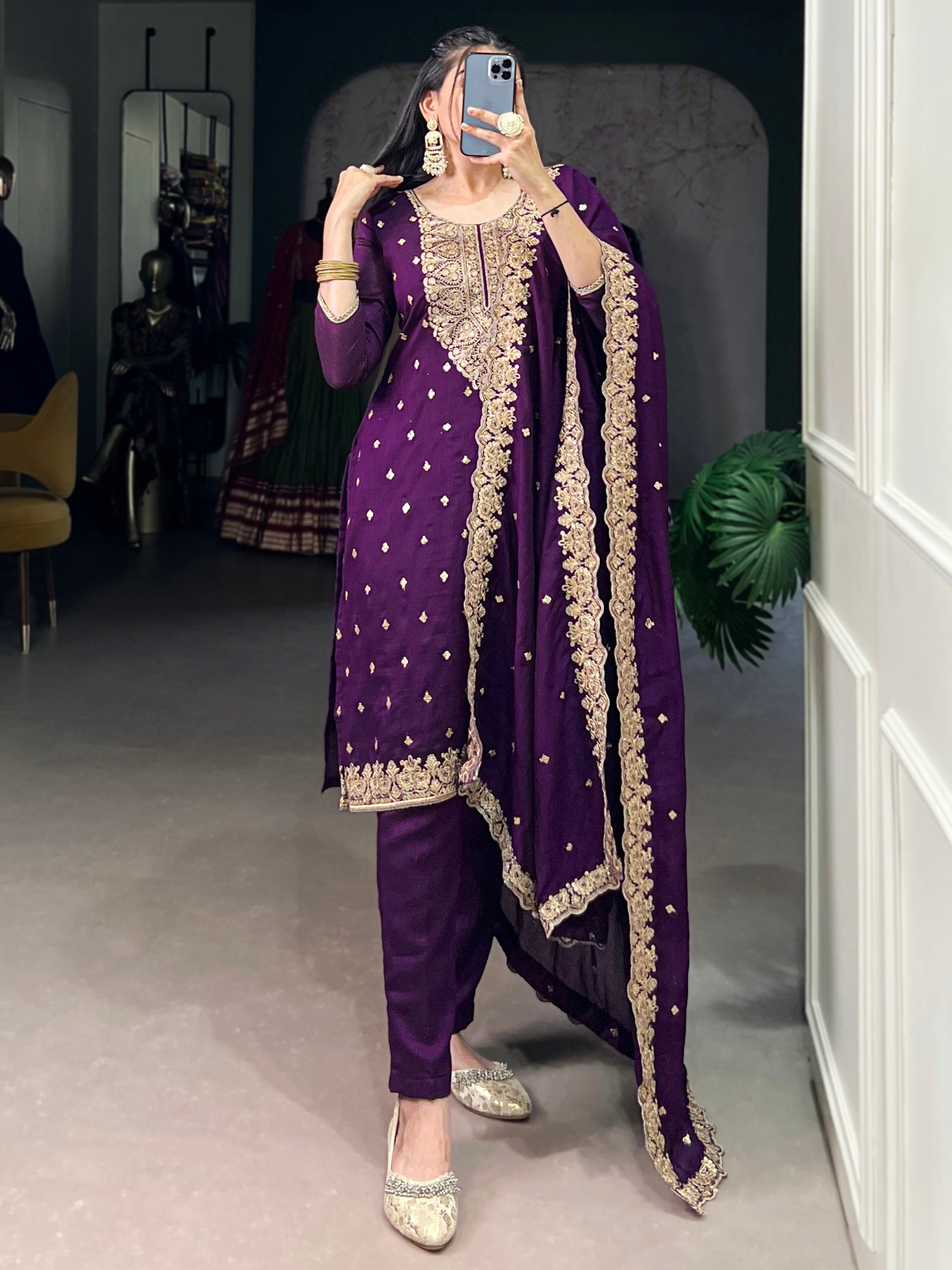Bewitching Purple Thread Embroidery Silk Traditional Pant Suit