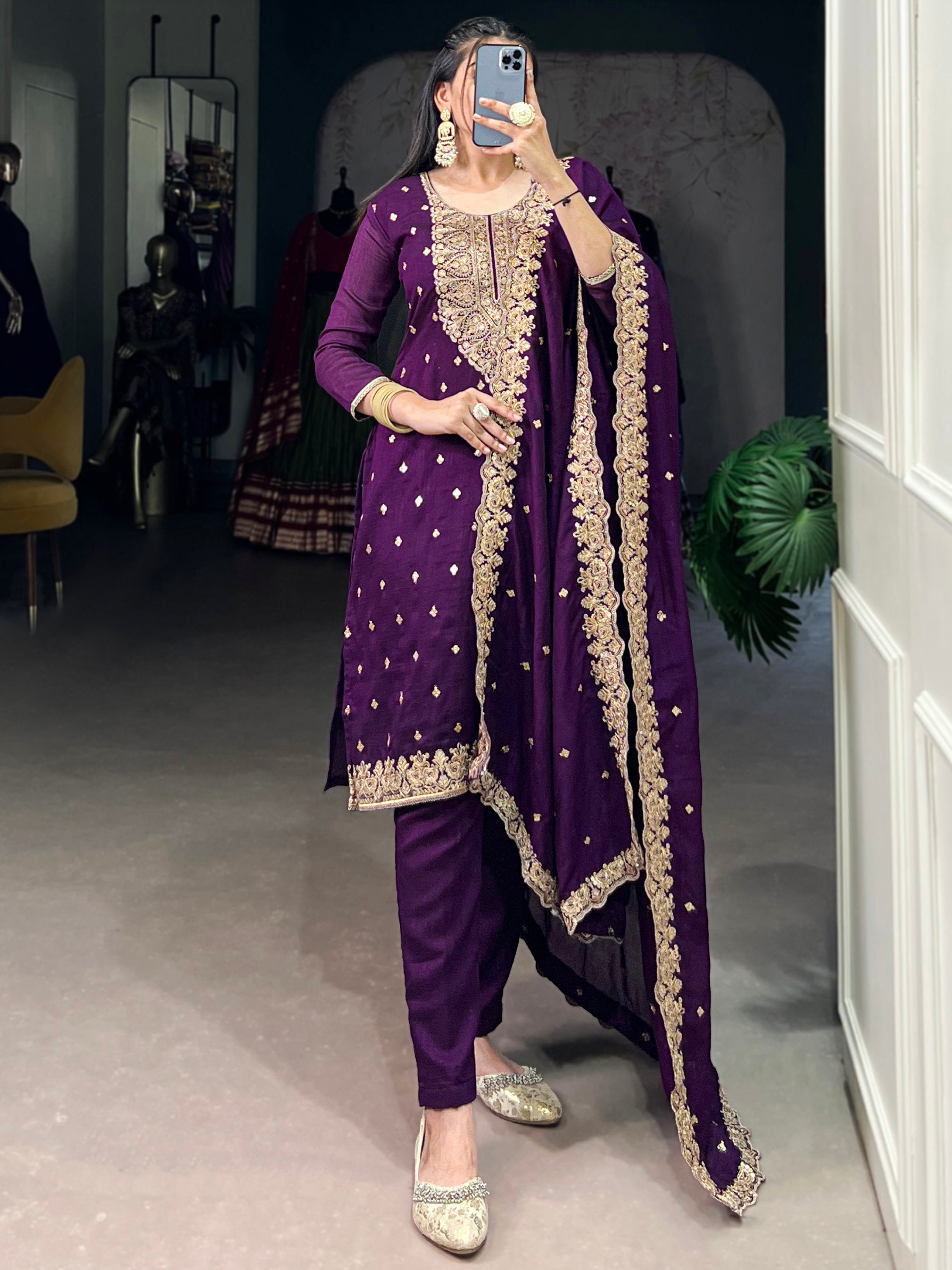 Bewitching Purple Thread Embroidery Silk Traditional Pant Suit