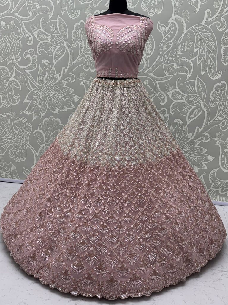 Sparkling Light Pink Sequins Net Sangeet Wear Lehenga Choli With Dupatta