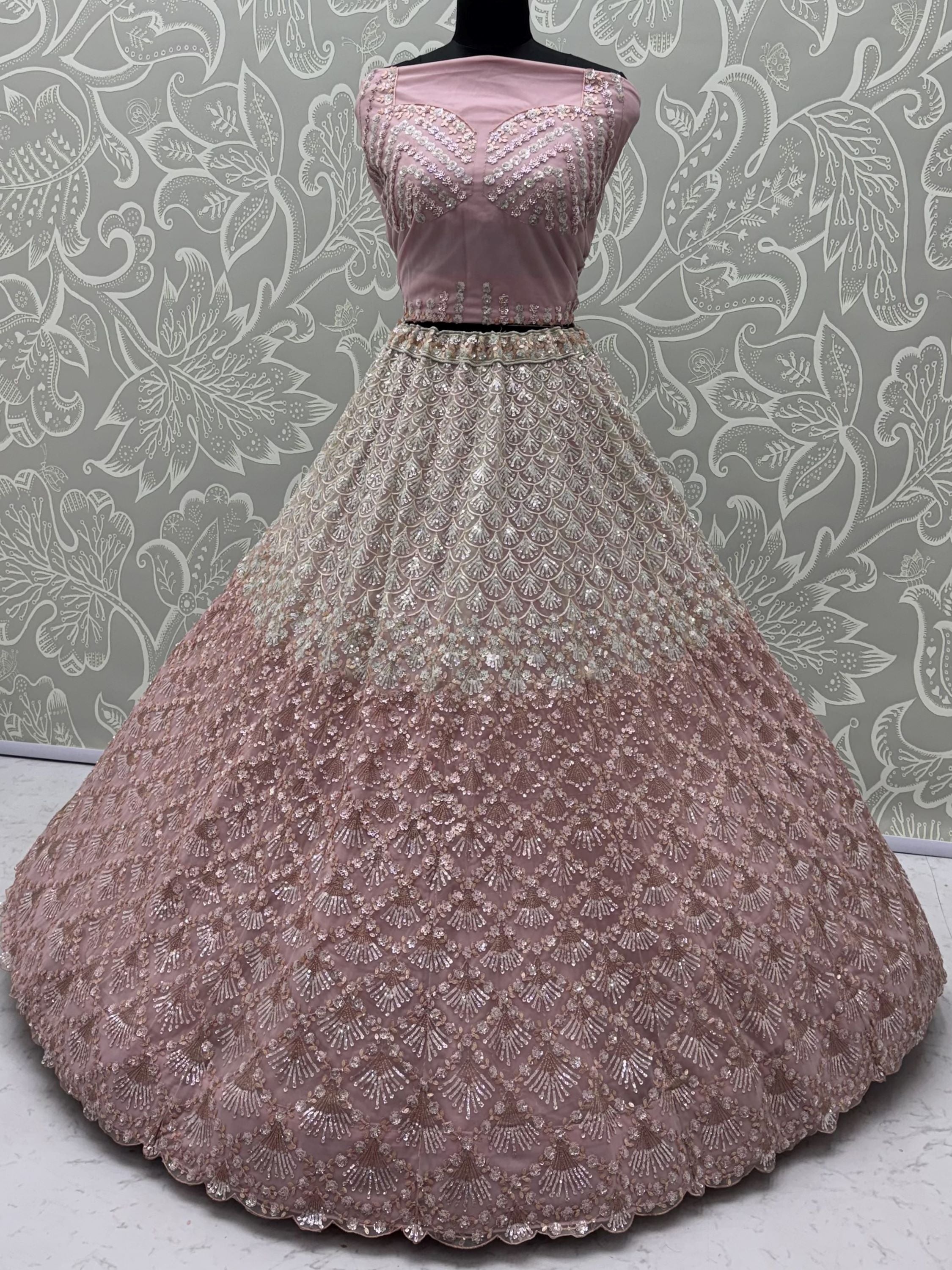 Sparkling Light Pink Sequins Net Sangeet Wear Lehenga Choli With Dupatta