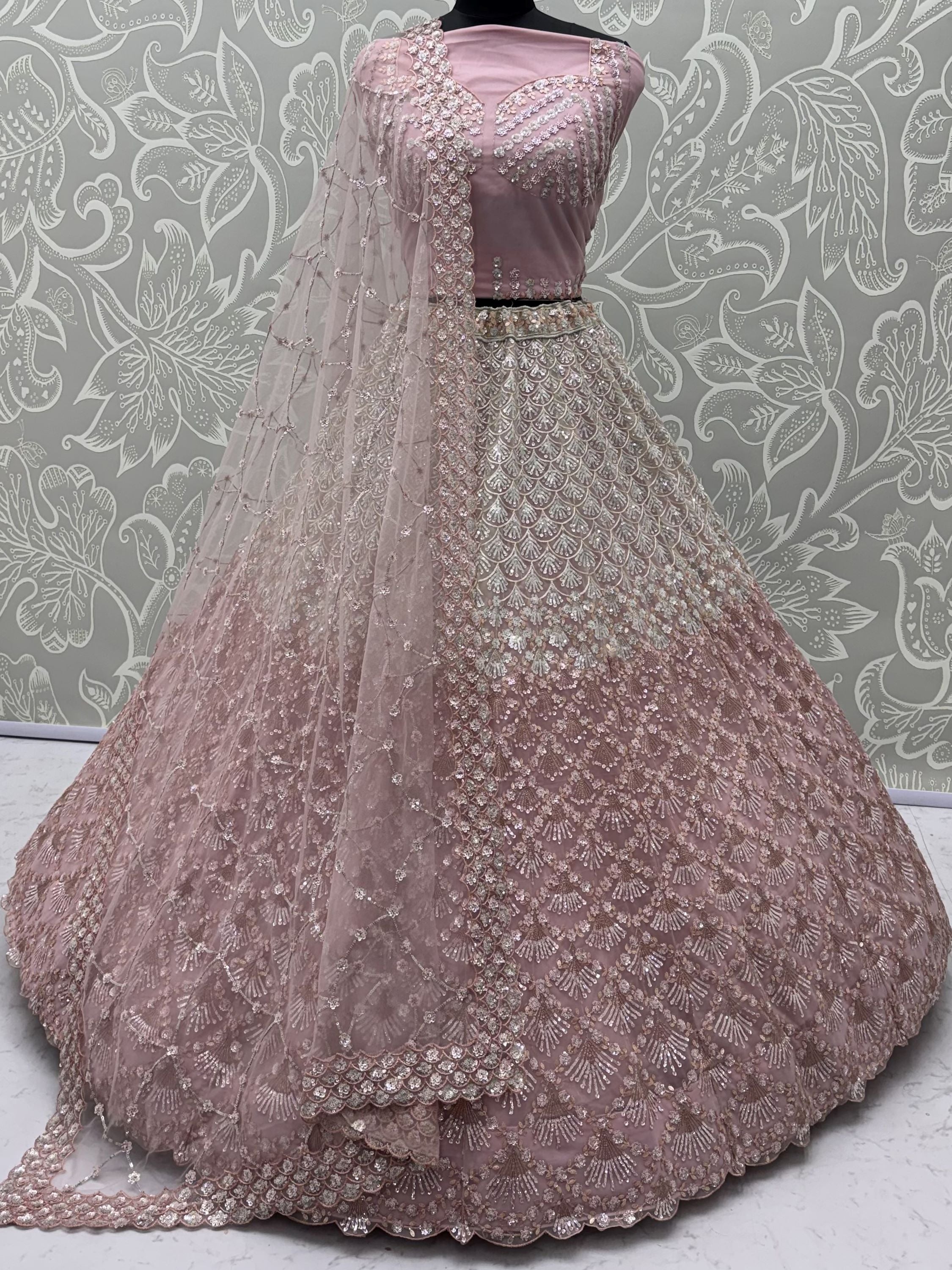 Sparkling Light Pink Sequins Net Sangeet Wear Lehenga Choli With Dupatta