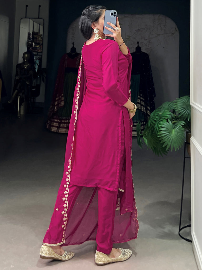 Gorgeous Pink Thread Work Organza Festive Wear Pant Suit With Dupatta