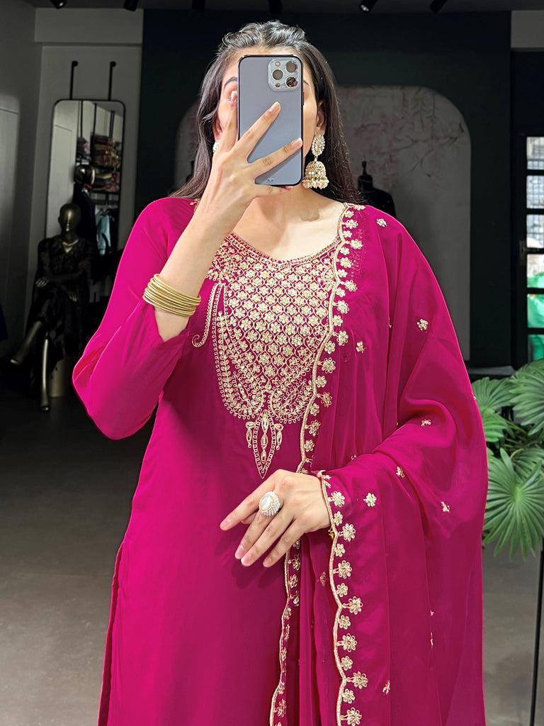 Gorgeous Pink Thread Work Organza Festive Wear Pant Suit With Dupatta