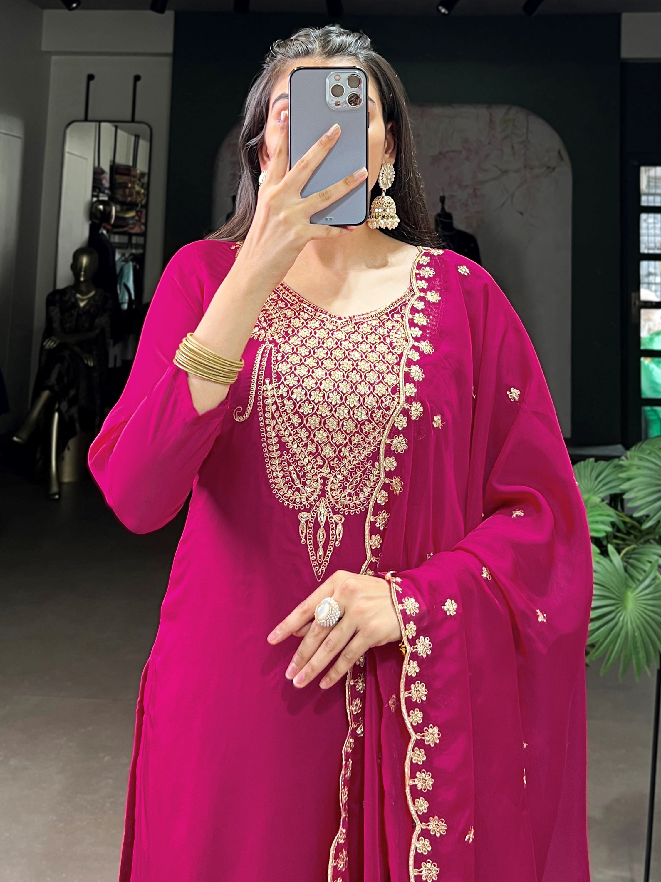 Gorgeous Pink Thread Work Organza Festive Wear Pant Suit With Dupatta