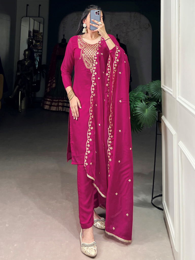 Gorgeous Pink Thread Work Organza Festive Wear Pant Suit With Dupatta