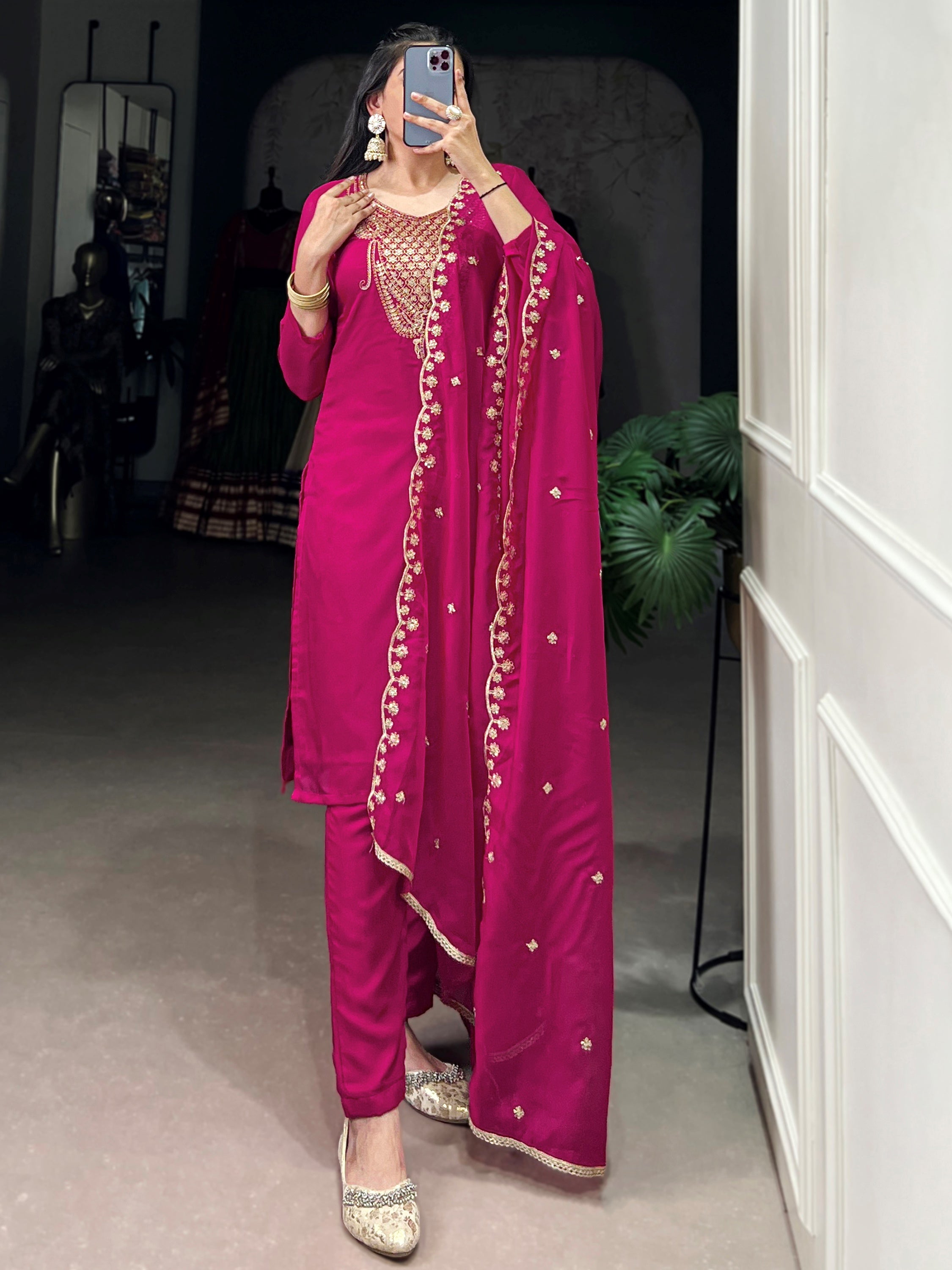 Gorgeous Pink Thread Work Organza Festive Wear Pant Suit With Dupatta