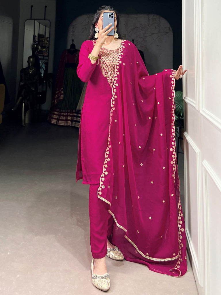 Gorgeous Pink Thread Work Organza Festive Wear Pant Suit With Dupatta
