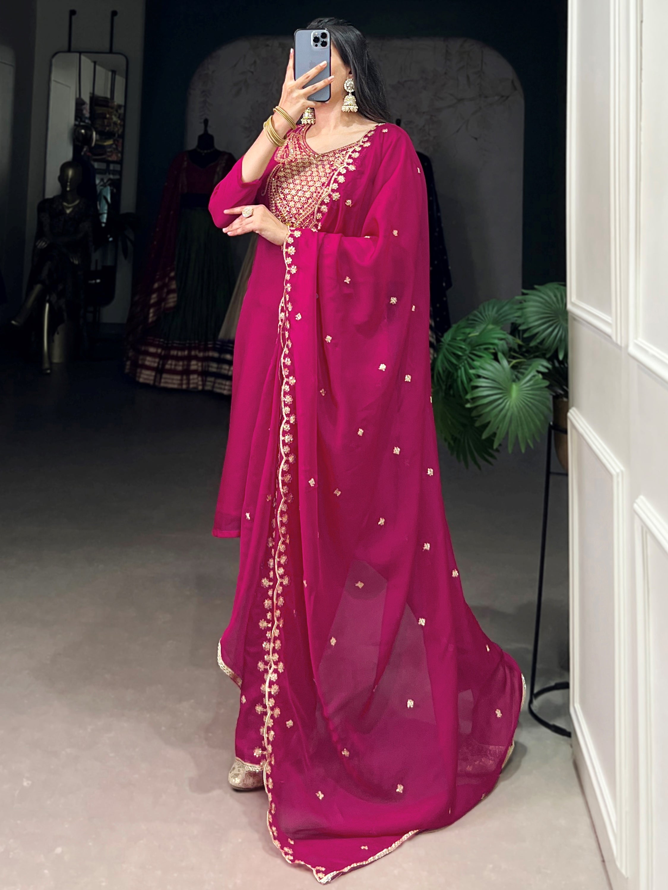 Gorgeous Pink Thread Work Organza Festive Wear Pant Suit With Dupatta