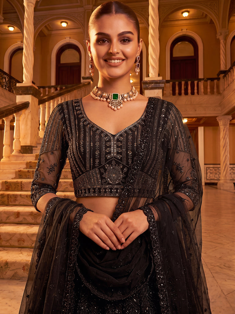 Monochrome Black Sequins Net Party Wear Lehenga Choli With Dupatta