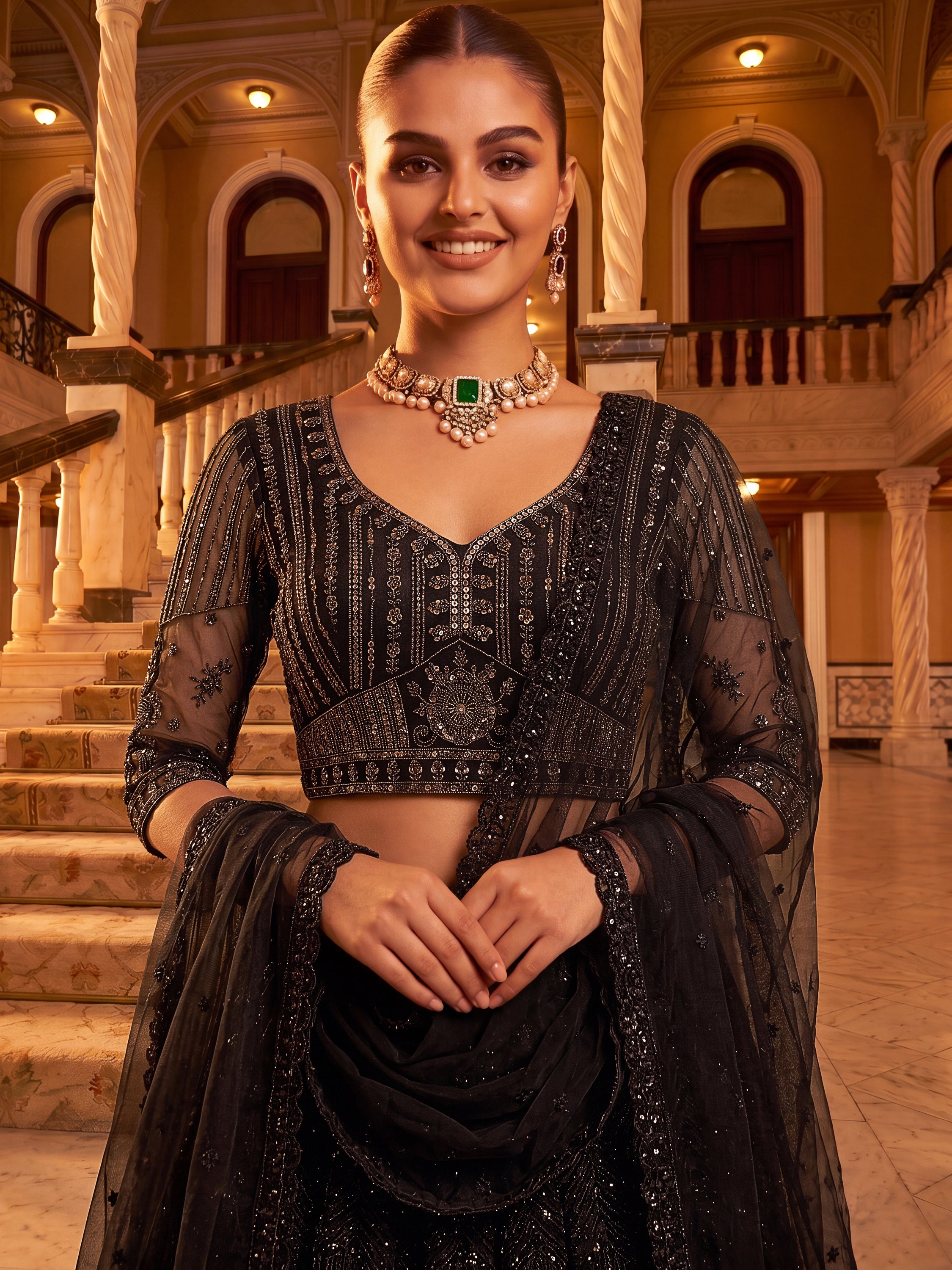 Monochrome Black Sequins Net Party Wear Lehenga Choli With Dupatta