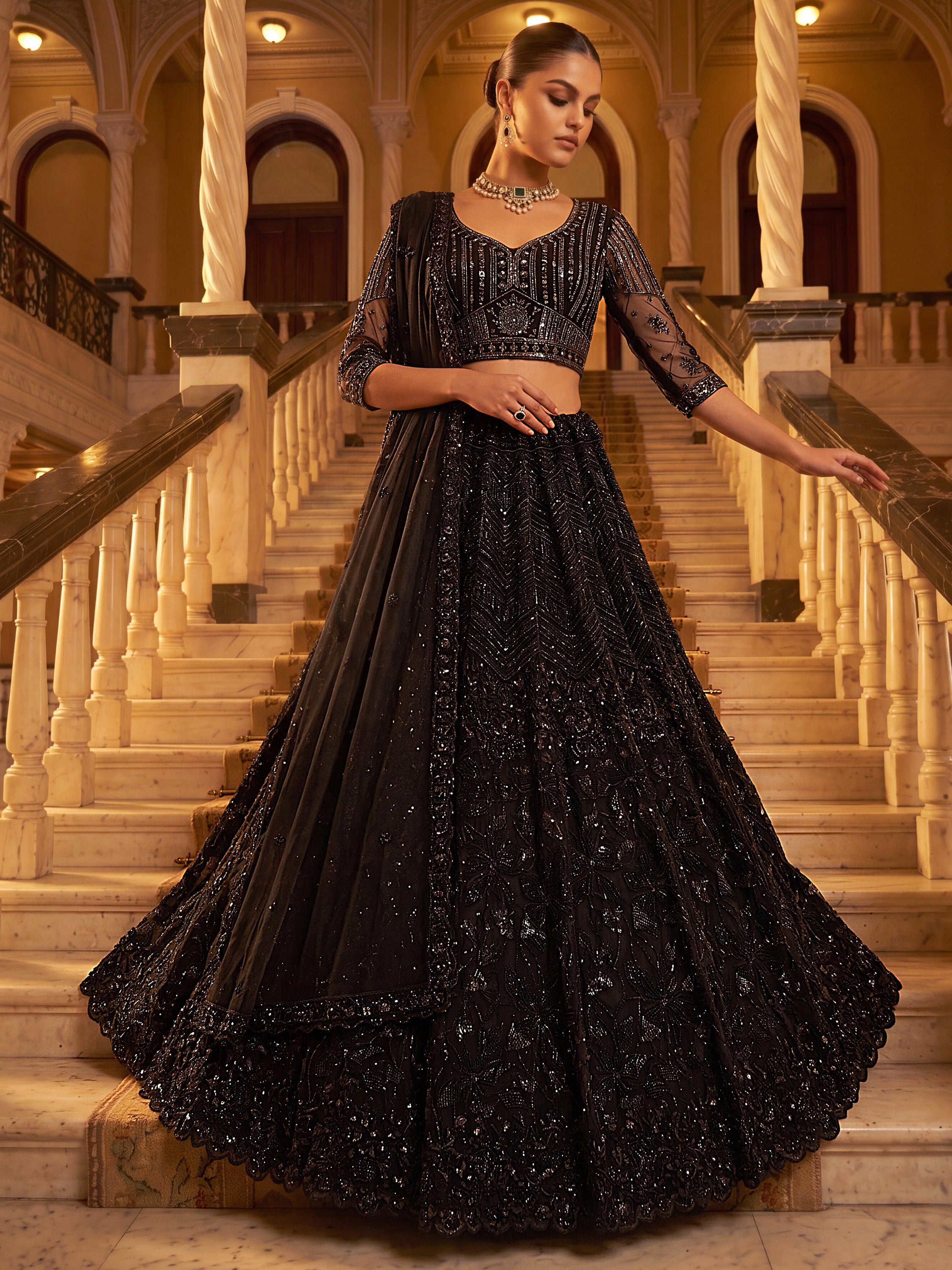 Monochrome Black Sequins Net Party Wear Lehenga Choli With Dupatta
