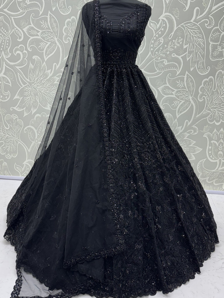 Monochrome Black Sequins Net Party Wear Lehenga Choli With Dupatta