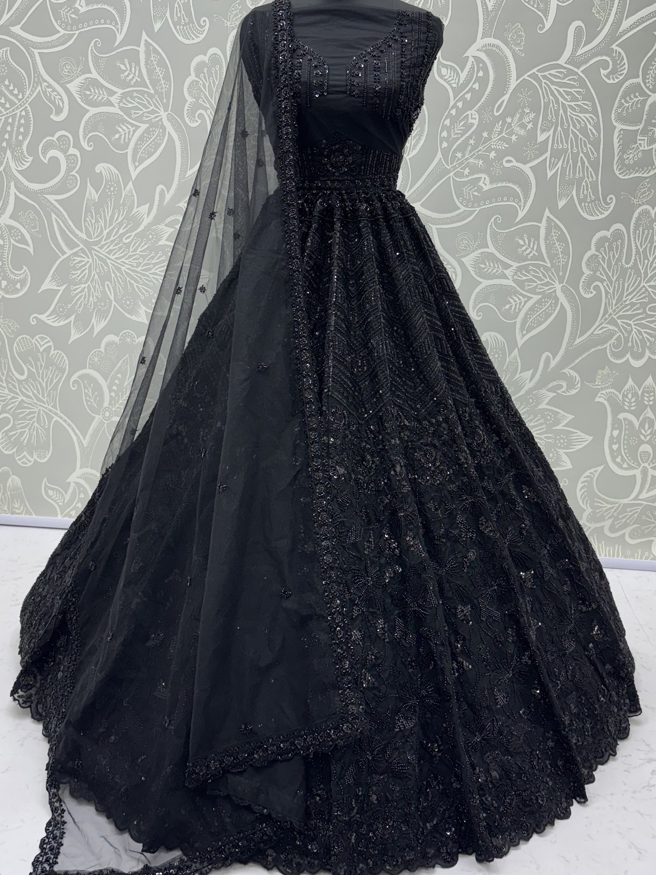 Monochrome Black Sequins Net Party Wear Lehenga Choli With Dupatta