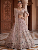 Lavish Dusty Pink Thread Embroidered Net Engagement Wear Lehenga Choli
