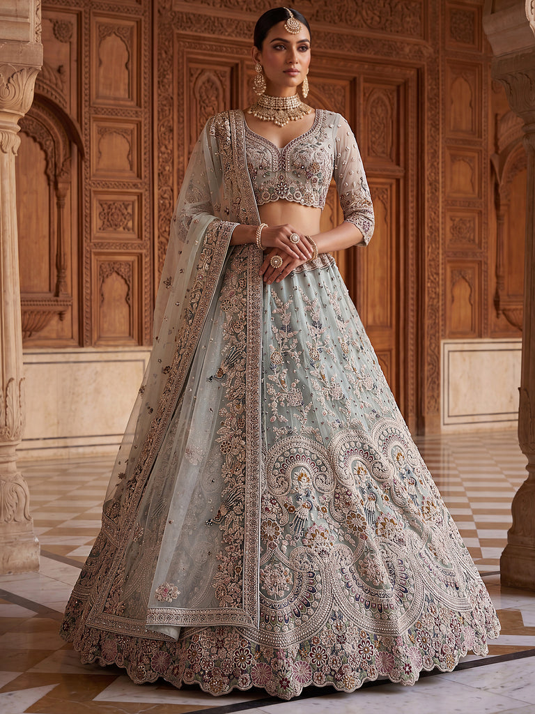 Tremendous Sky Blue Zari Work Net Wedding Wear Lehenga With Blouse