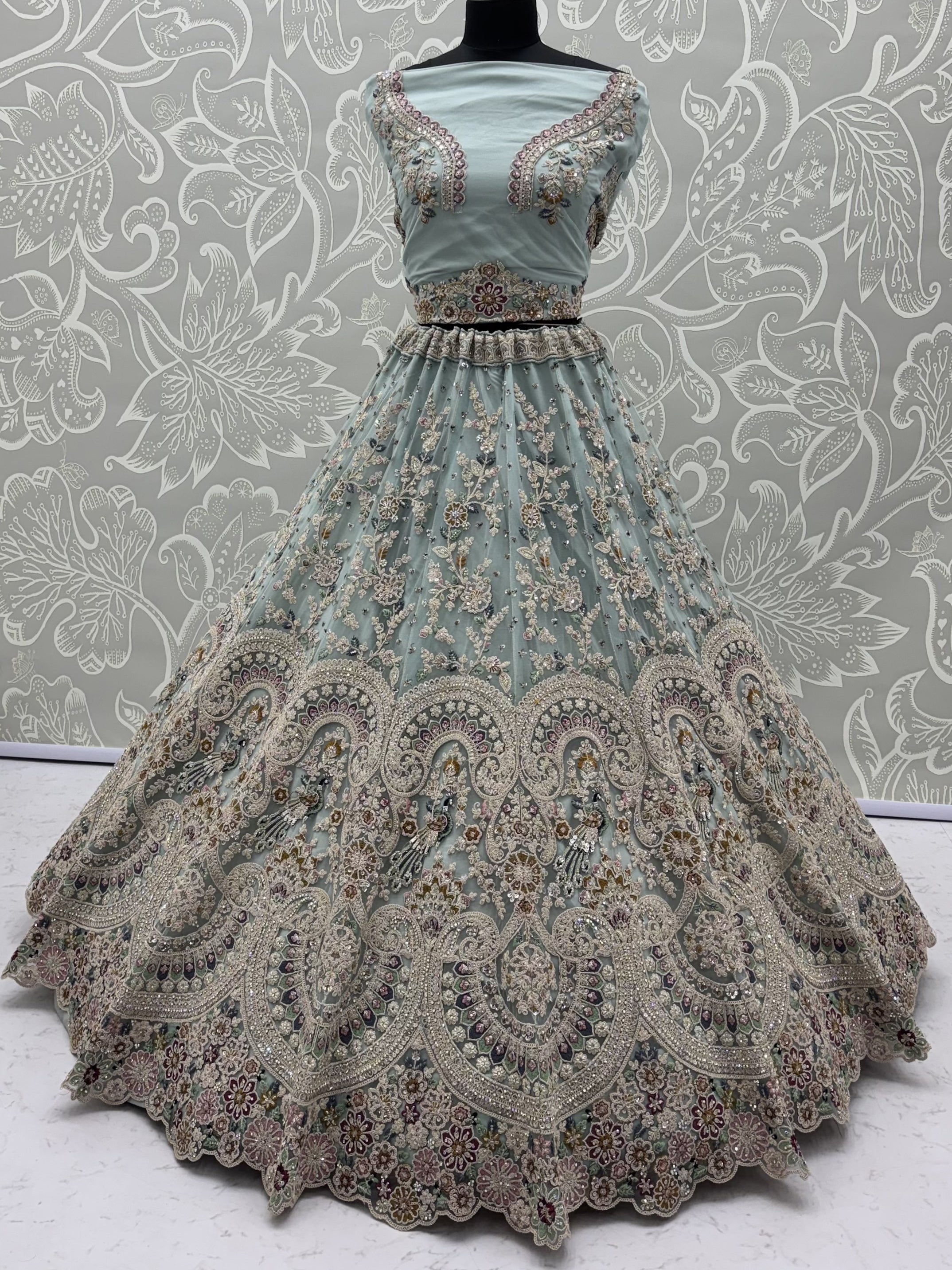 Tremendous Sky Blue Zari Work Net Wedding Wear Lehenga With Blouse