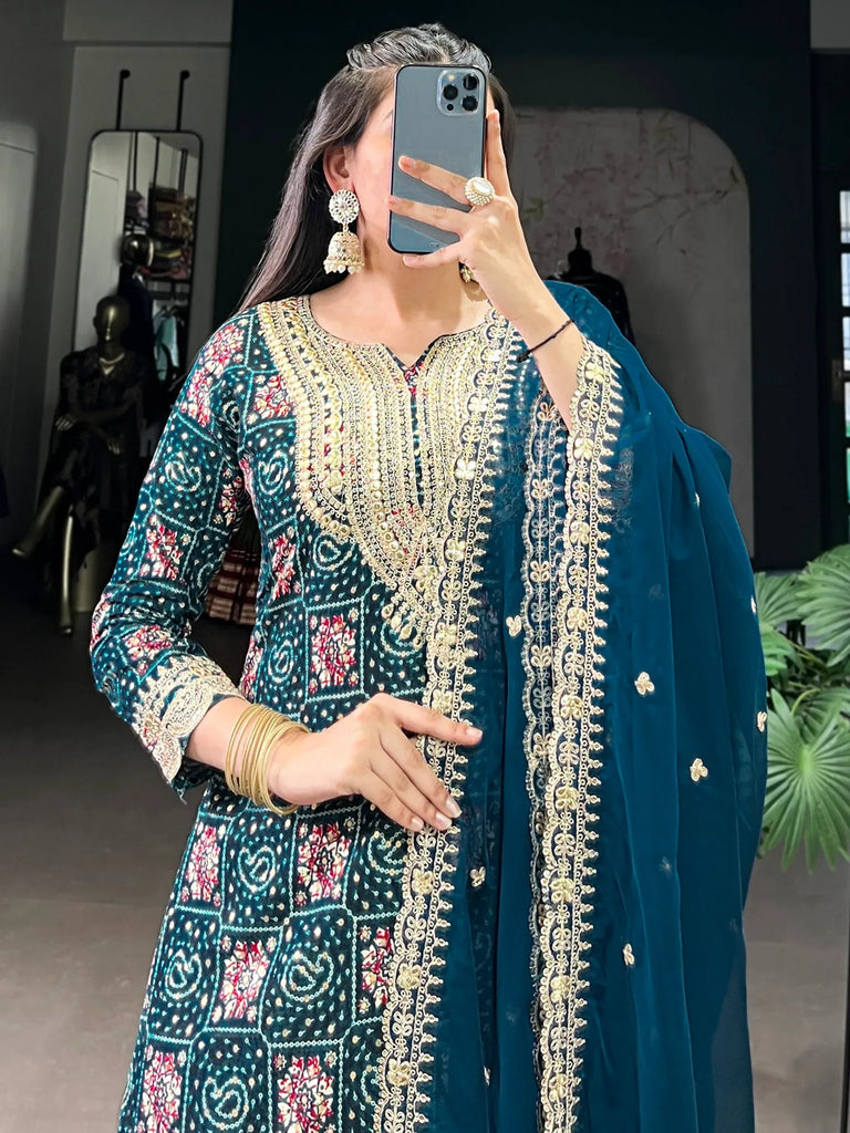 Awesome Teal Blue Printed Rayon Wedding Wear Pant Suit
