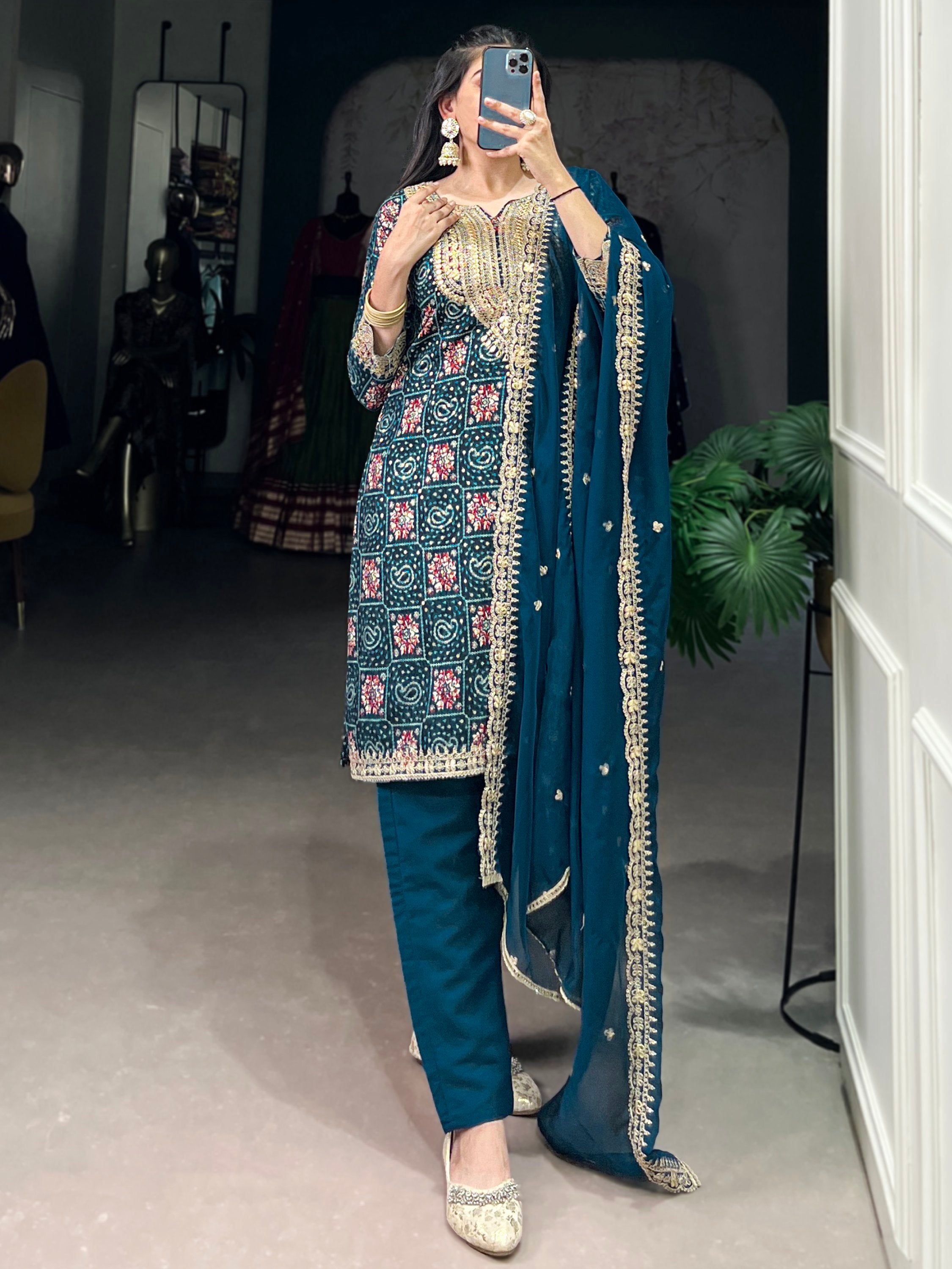 Awesome Teal Blue Printed Rayon Wedding Wear Pant Suit