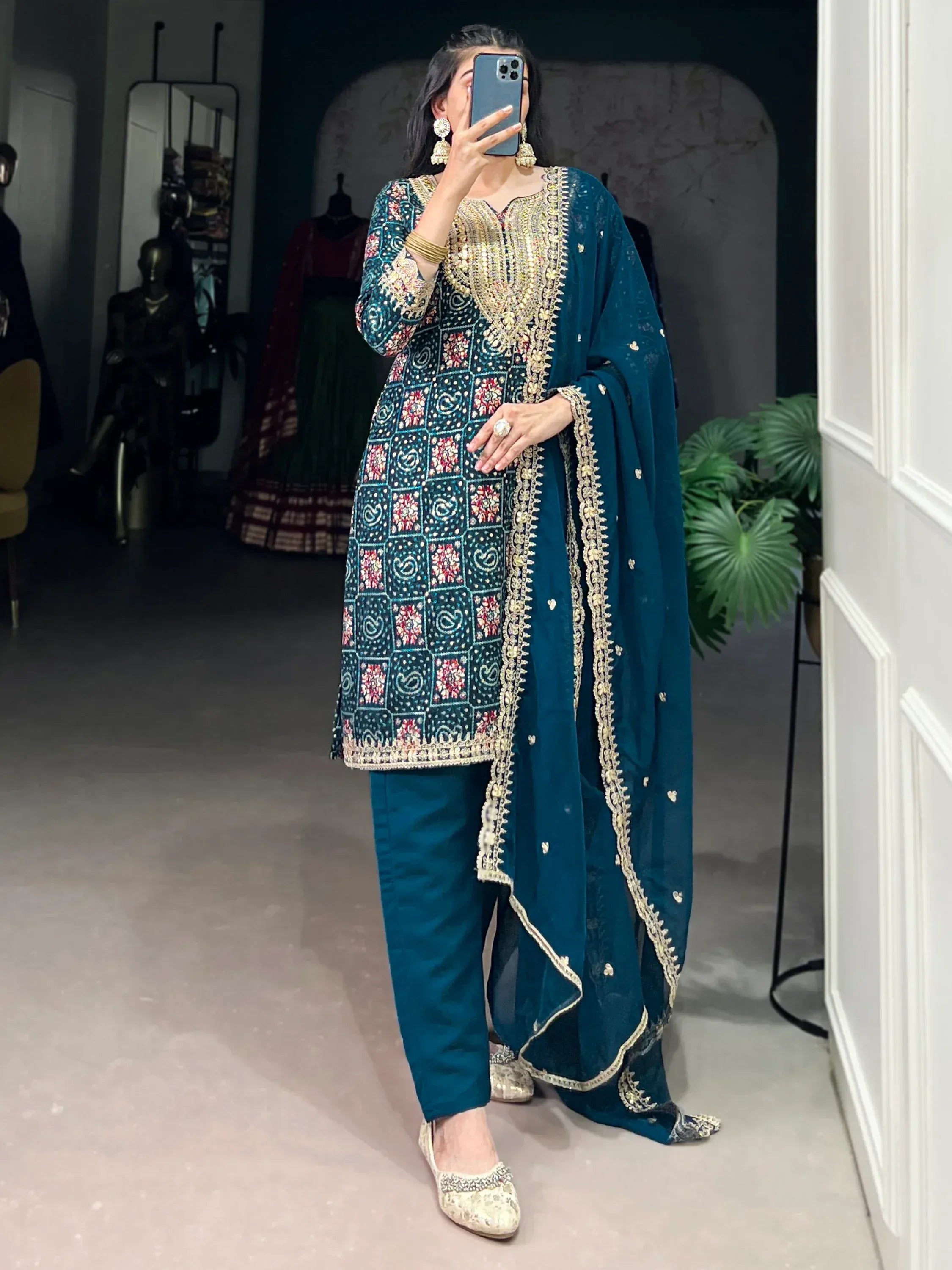 Awesome Teal Blue Printed Rayon Wedding Wear Pant Suit