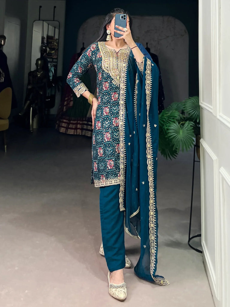 Awesome Teal Blue Printed Rayon Wedding Wear Pant Suit