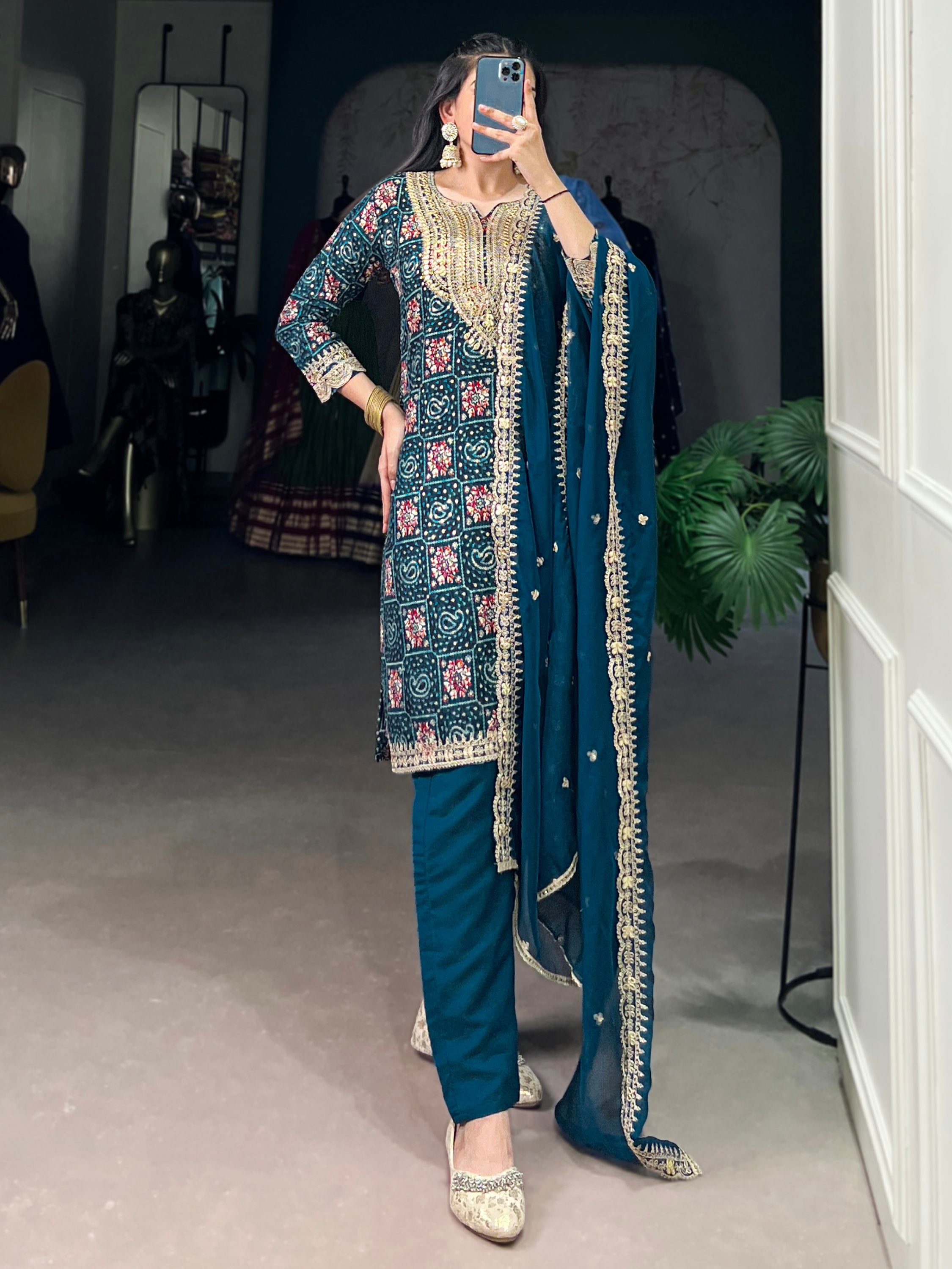 Awesome Teal Blue Printed Rayon Wedding Wear Pant Suit