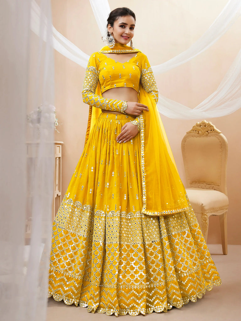 Beautiful Yellow Zari Embroidered Georgette Haldi Wear Lehenga Choli