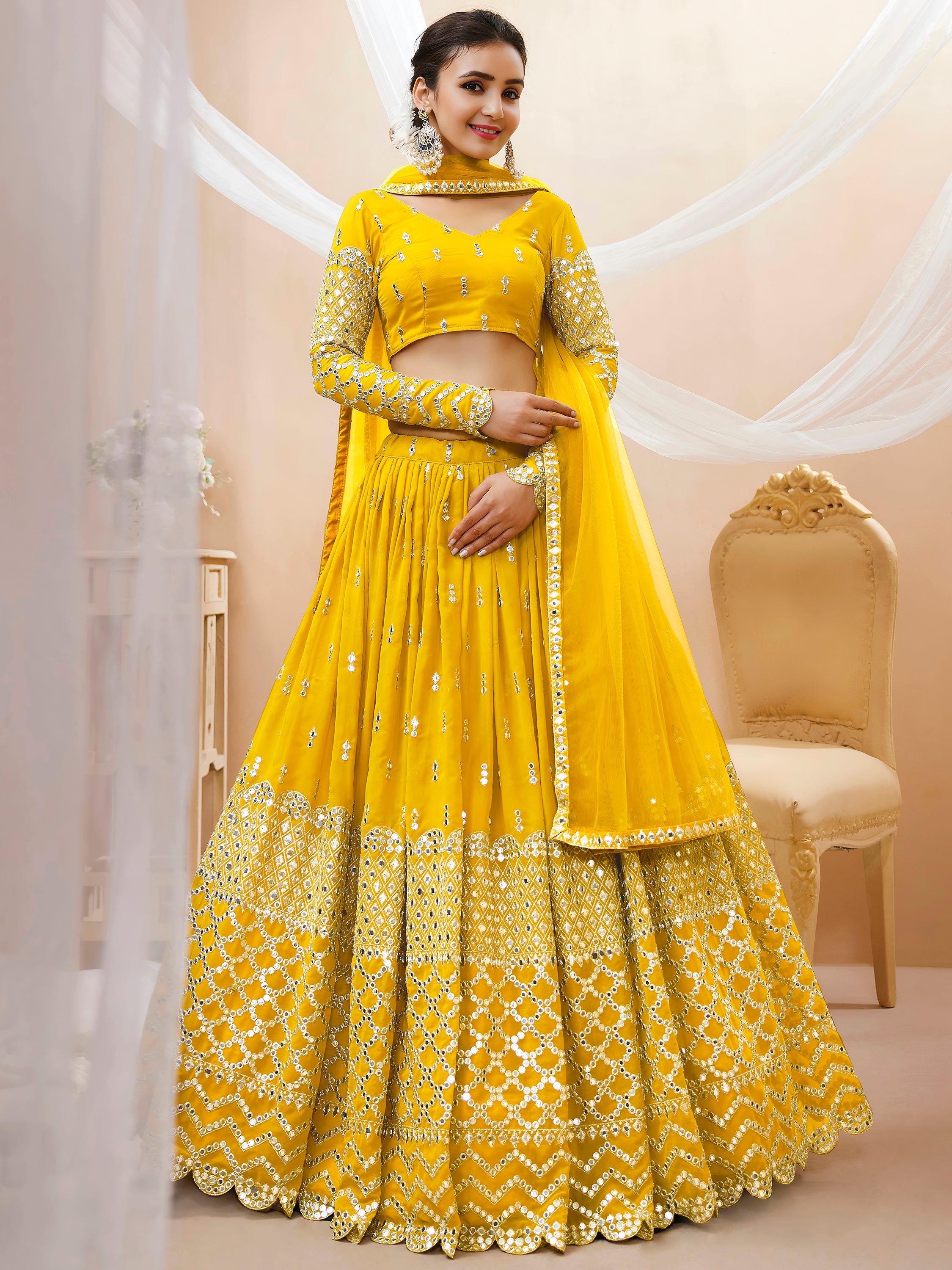 Classic Yellow Embroidered Georgette Haldi Wear Plus Size Lehenga Choli