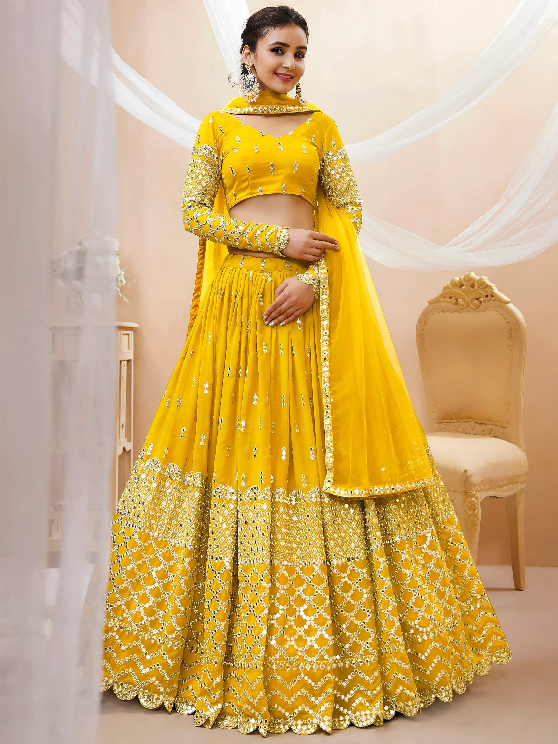 Classic Yellow Embroidered Georgette Haldi Wear Plus Size Lehenga Choli