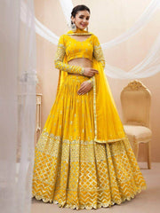 Beautiful Yellow Zari Embroidered Georgette Haldi Wear Lehenga Choli