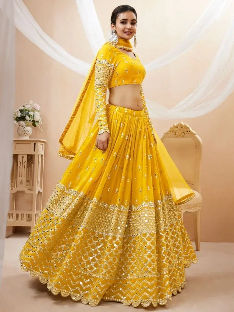 Beautiful Yellow Zari Embroidered Georgette Haldi Wear Lehenga Choli