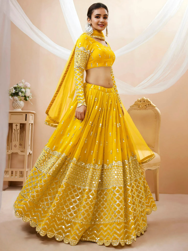 Beautiful Yellow Zari Embroidered Georgette Haldi Wear Lehenga Choli