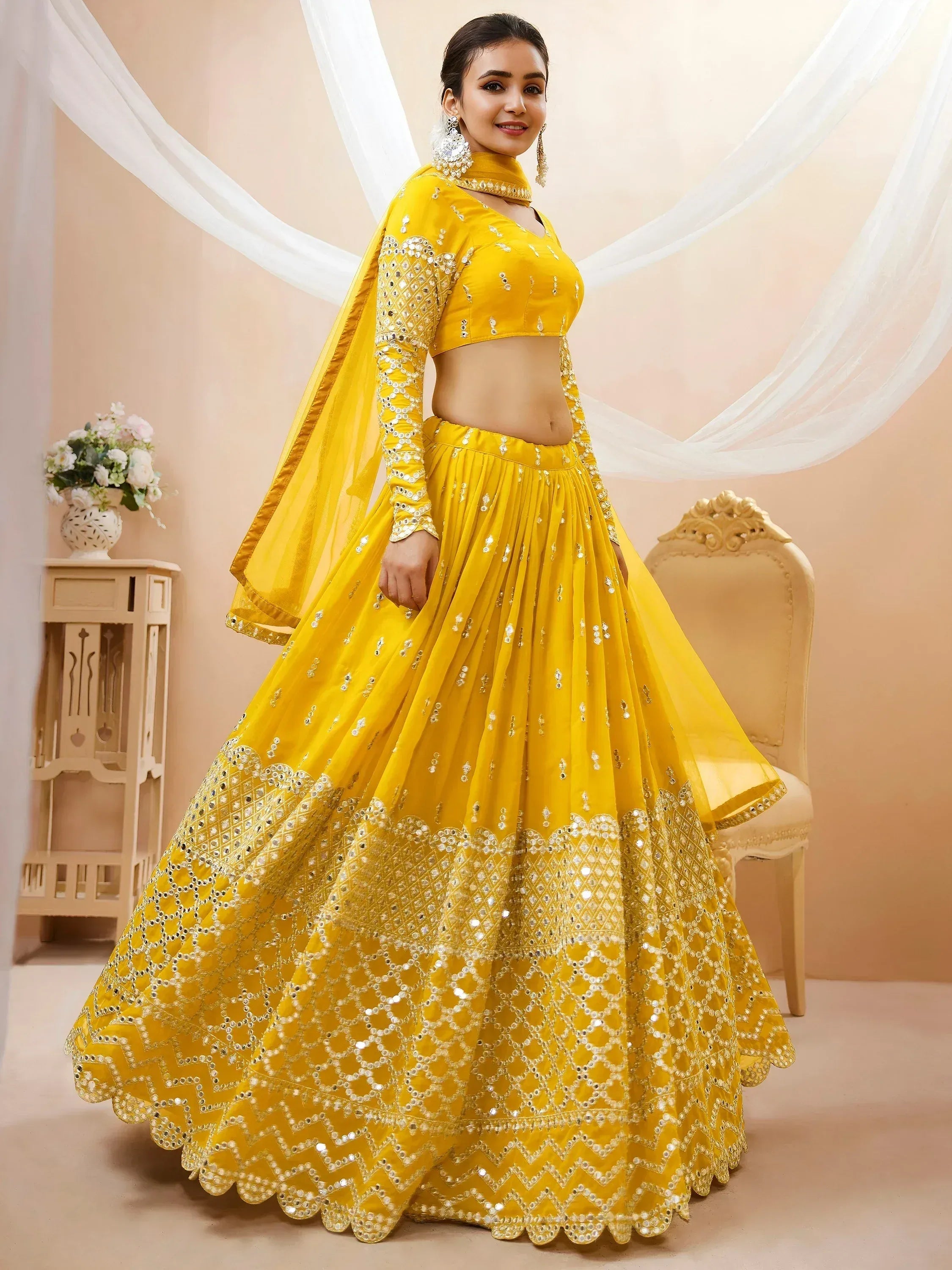 Beautiful Yellow Zari Embroidered Georgette Haldi Wear Lehenga Choli