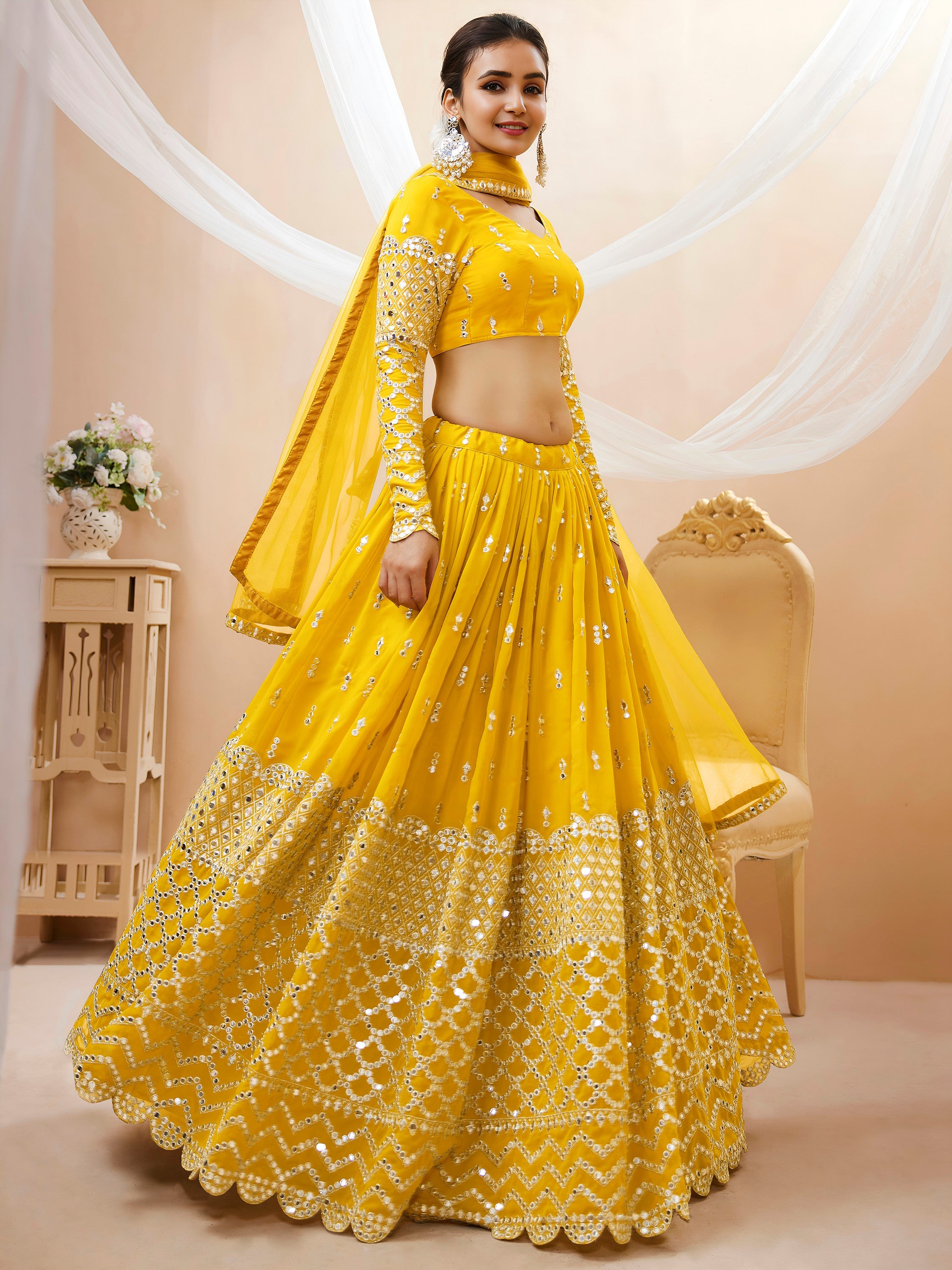 Classic Yellow Embroidered Georgette Haldi Wear Plus Size Lehenga Choli