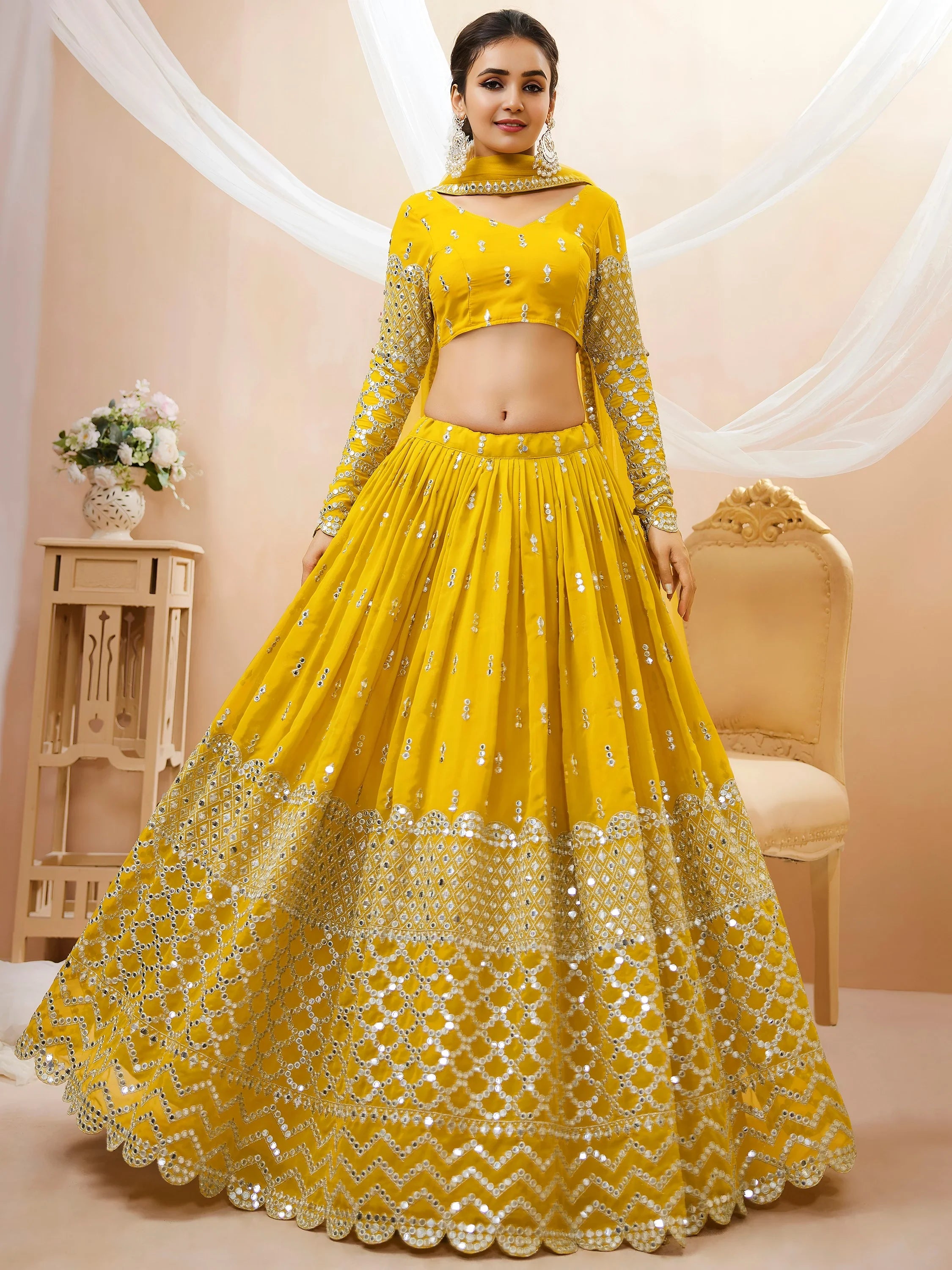 Classic Yellow Embroidered Georgette Haldi Wear Plus Size Lehenga Choli