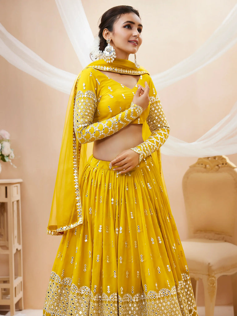 Beautiful Yellow Zari Embroidered Georgette Haldi Wear Lehenga Choli