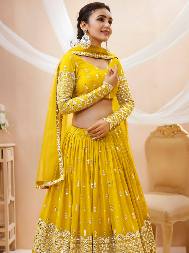 Classic Yellow Embroidered Georgette Haldi Wear Plus Size Lehenga Choli