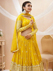 Beautiful Yellow Zari Embroidered Georgette Haldi Wear Lehenga Choli