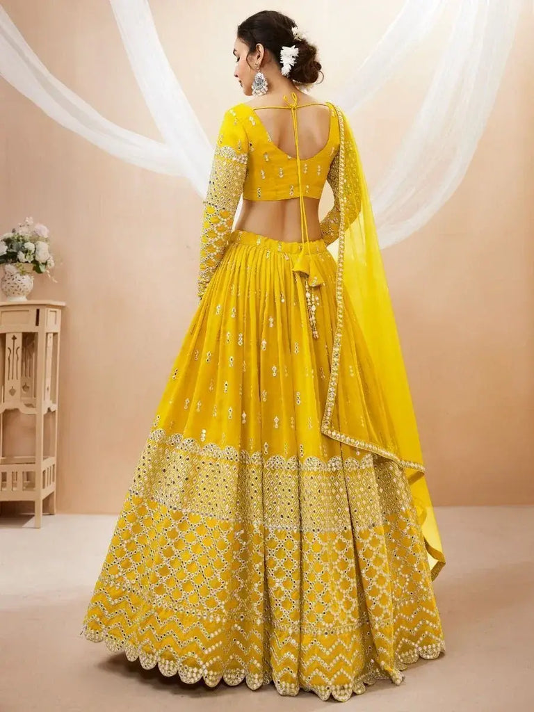 Beautiful Yellow Zari Embroidered Georgette Haldi Wear Lehenga Choli