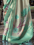 Amazing Olive Green Printed Banarasi Silk Wedding Wear Saree With Blouse