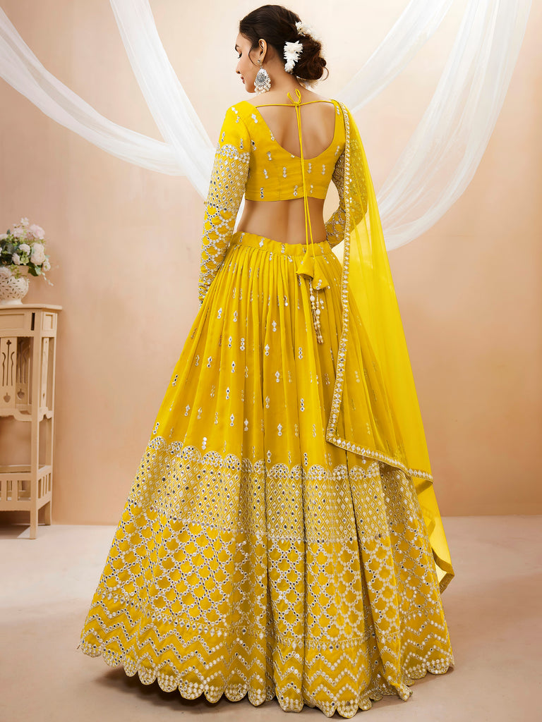Classic Yellow Embroidered Georgette Haldi Wear Plus Size Lehenga Choli