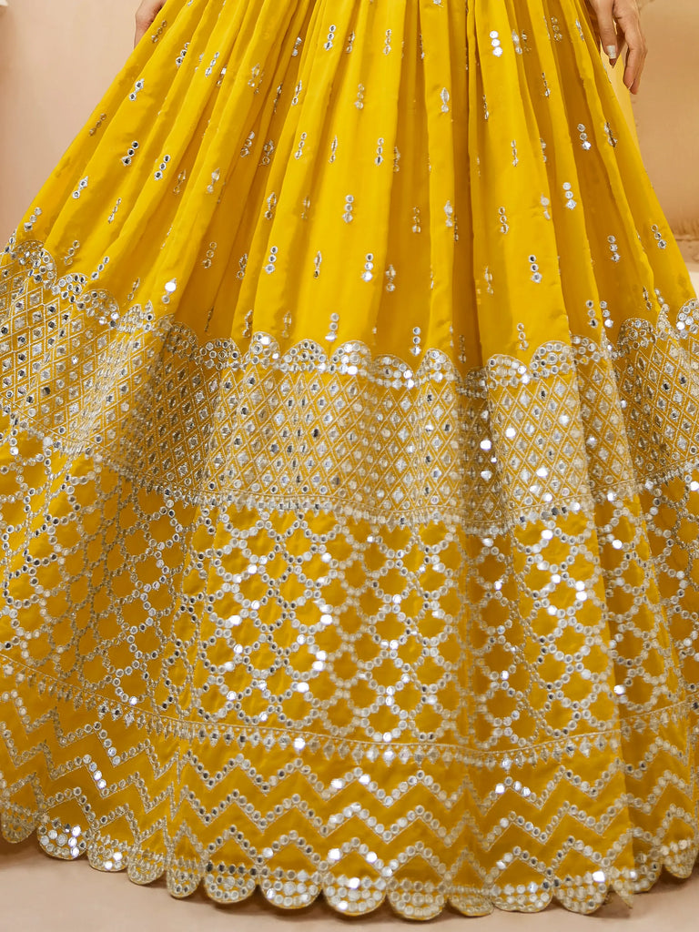Beautiful Yellow Zari Embroidered Georgette Haldi Wear Lehenga Choli