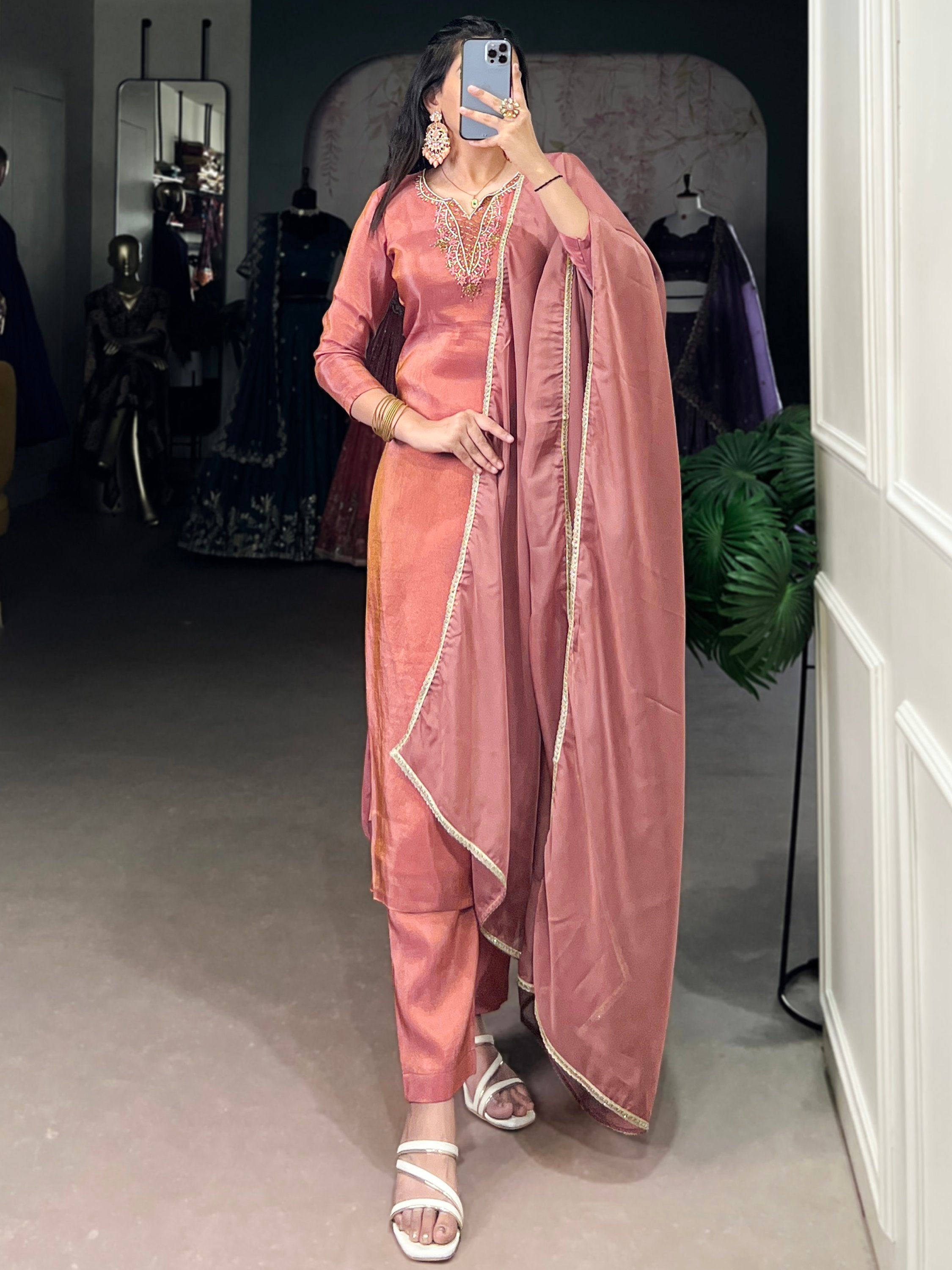 Beautiful Peach Bead Work Tissue Festival Wear Pant Suit