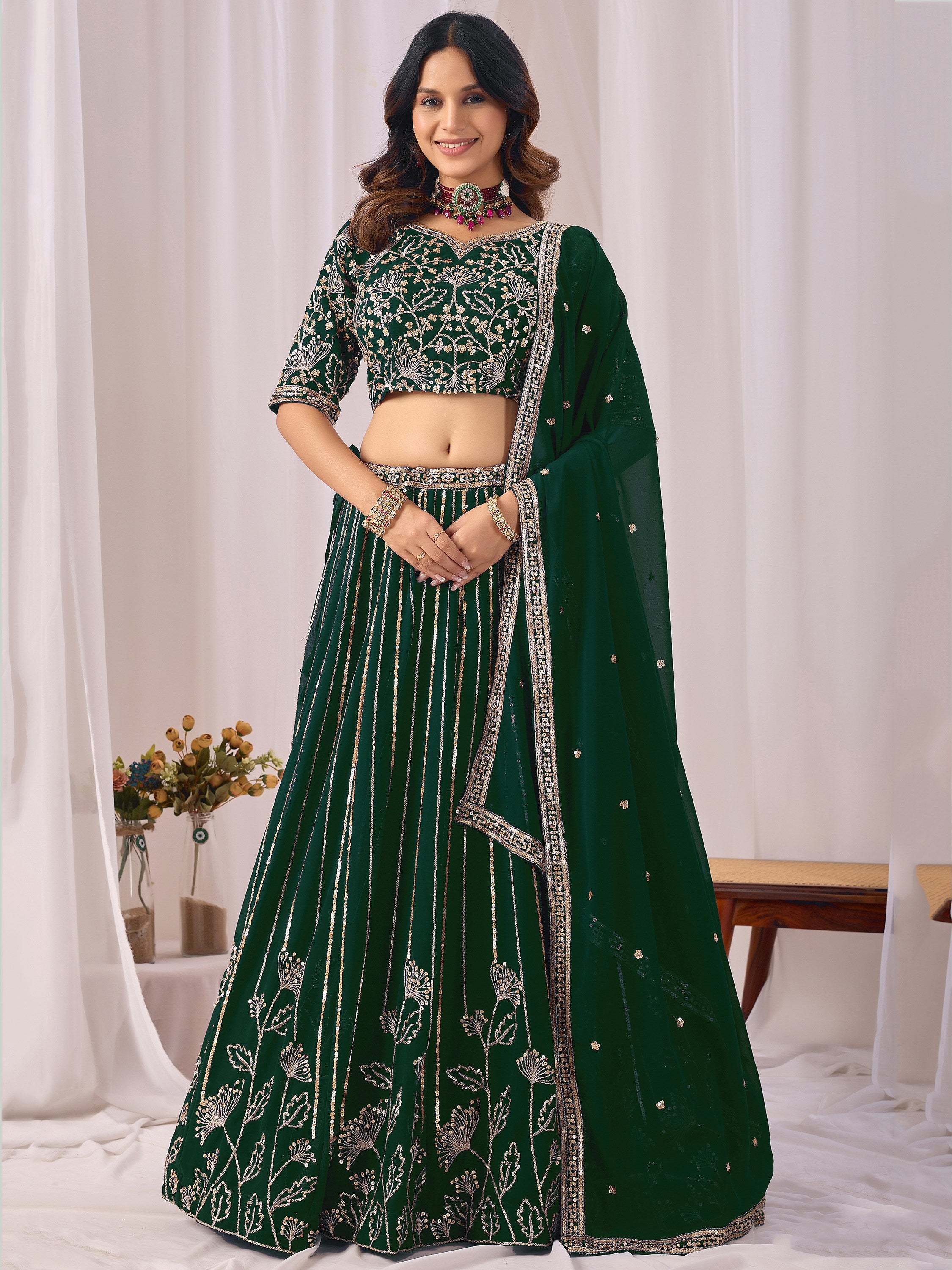 Classic Green Sequins Georgette Mehendi Wear Lehenga Choli With Dupatta